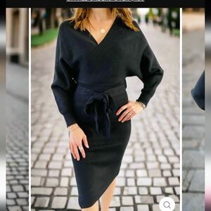 Sweater Plunge Black Wrap Dress Midi Tie Waisted Long Sleeve Medium Minimalist